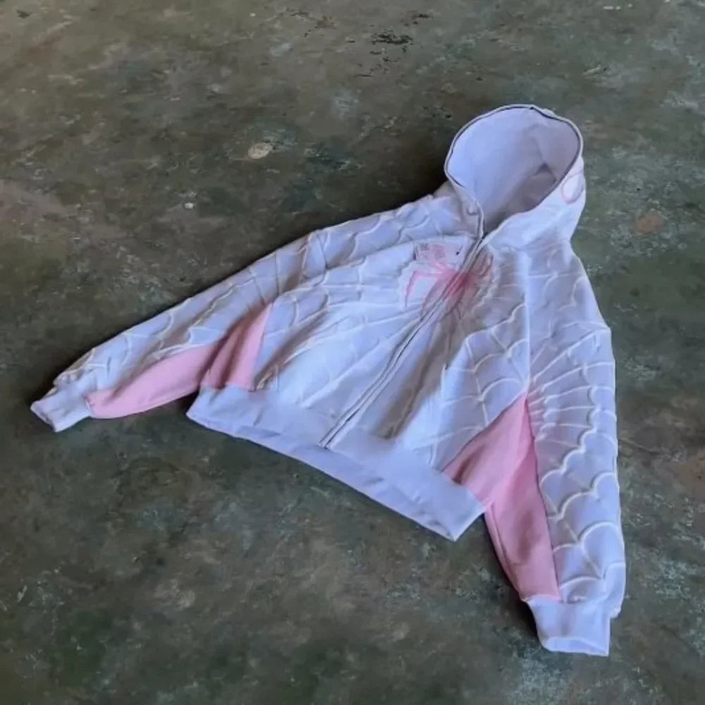 Y2K American Spider Pattern Embroidery Zip Up Hoodie Men Women Gothic Harajuku Jacket Fashion Hoodie Sweatshirt Casual Clothes