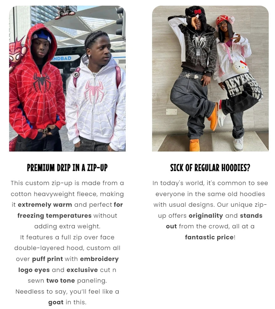 Foam printing Y2k clothing Spider web Red hoodie sweatshirt zipper warm Harajuku punk grunge Women Hip hop sweatshirt Hoodie