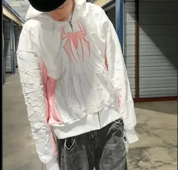Men Spider Print Hoodies Women Hip Hop Zipper Long Sleeve Jacket Coats Y2k Autumn Winter Harajuku Casual Loose Hooded Sweatshirt